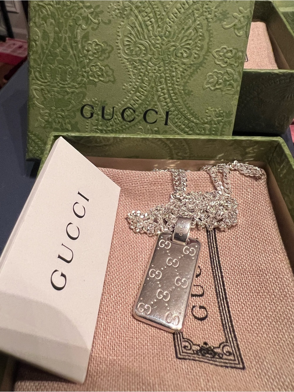 Gucci Silver Engraved GG Rectangular Dog tag Pendant Necklace